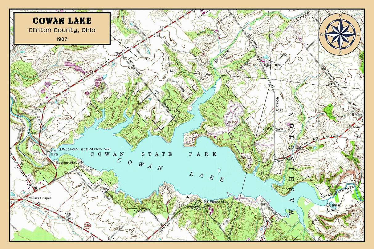 1987 Map of Cowan Lake Clinton County Ohio