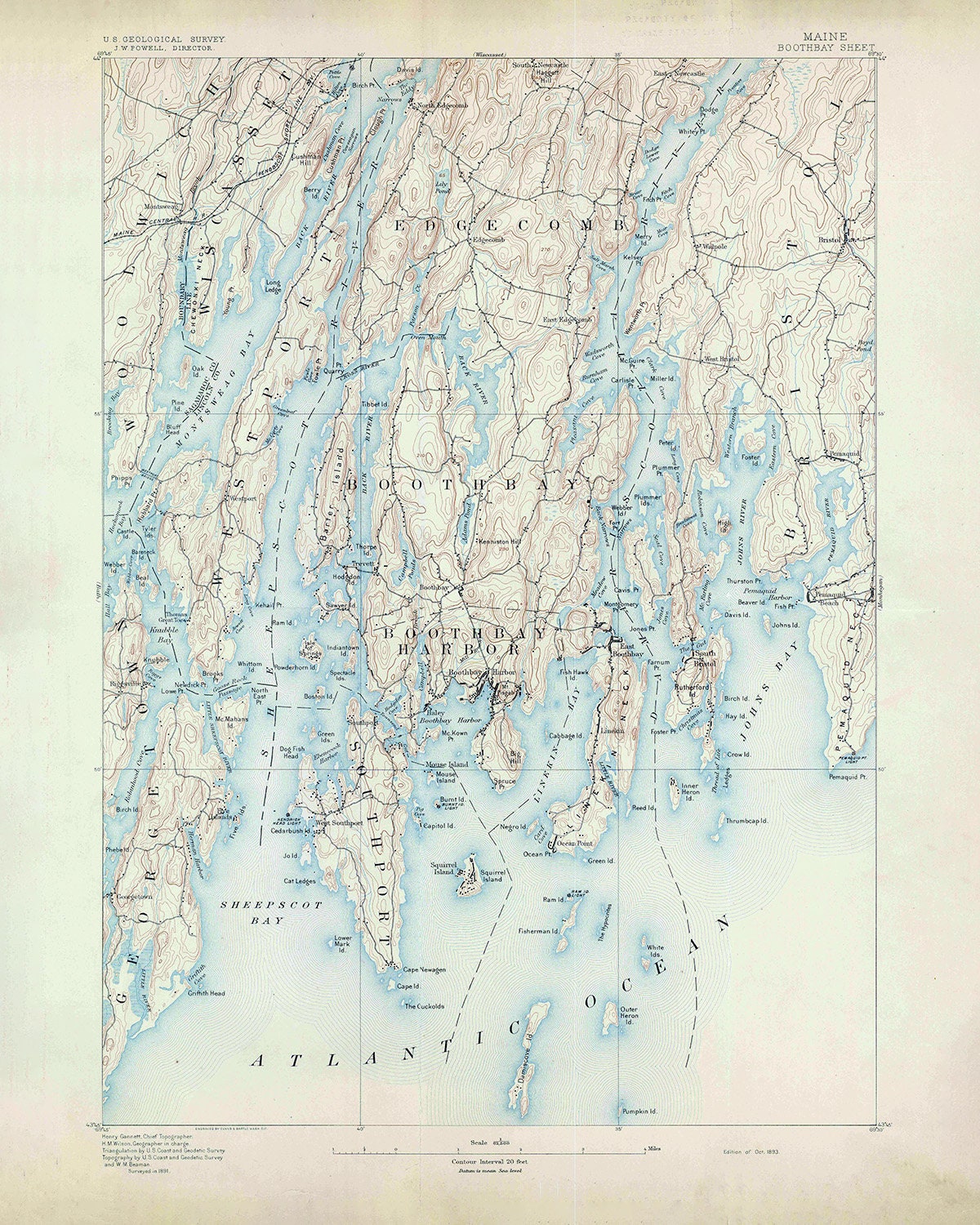 1893 Topo Map of Boothbay Maine