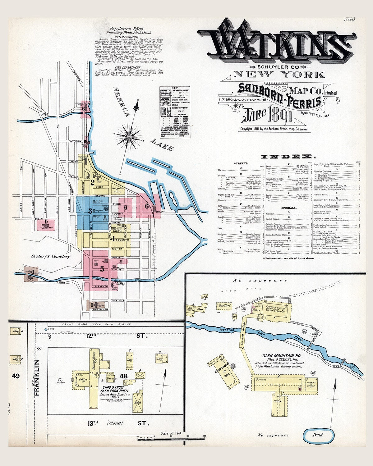 1891 Map of Watkins Glen Schuyler County New York