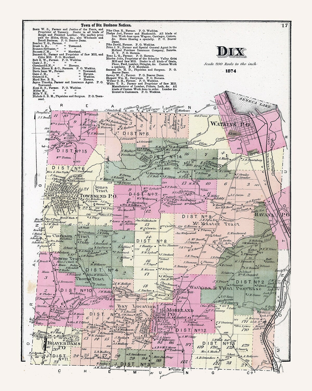 1874 Map of Dix Schuyler County New York