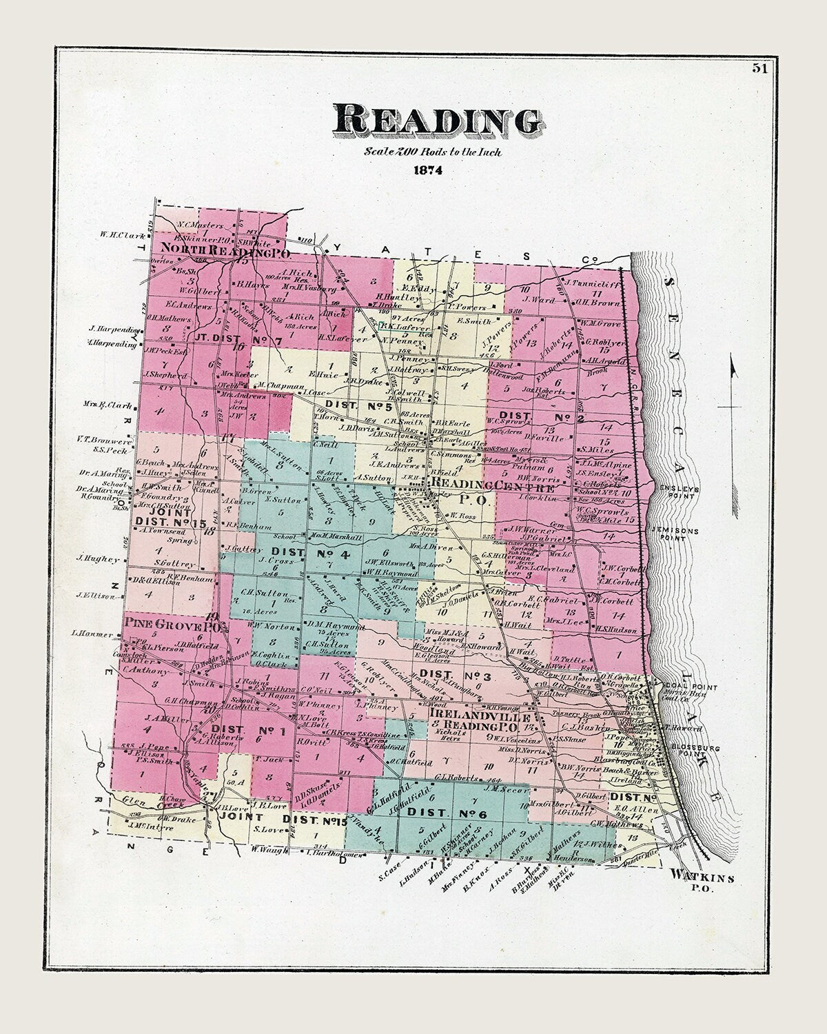 1874 Map of Reading Schuyler County New York