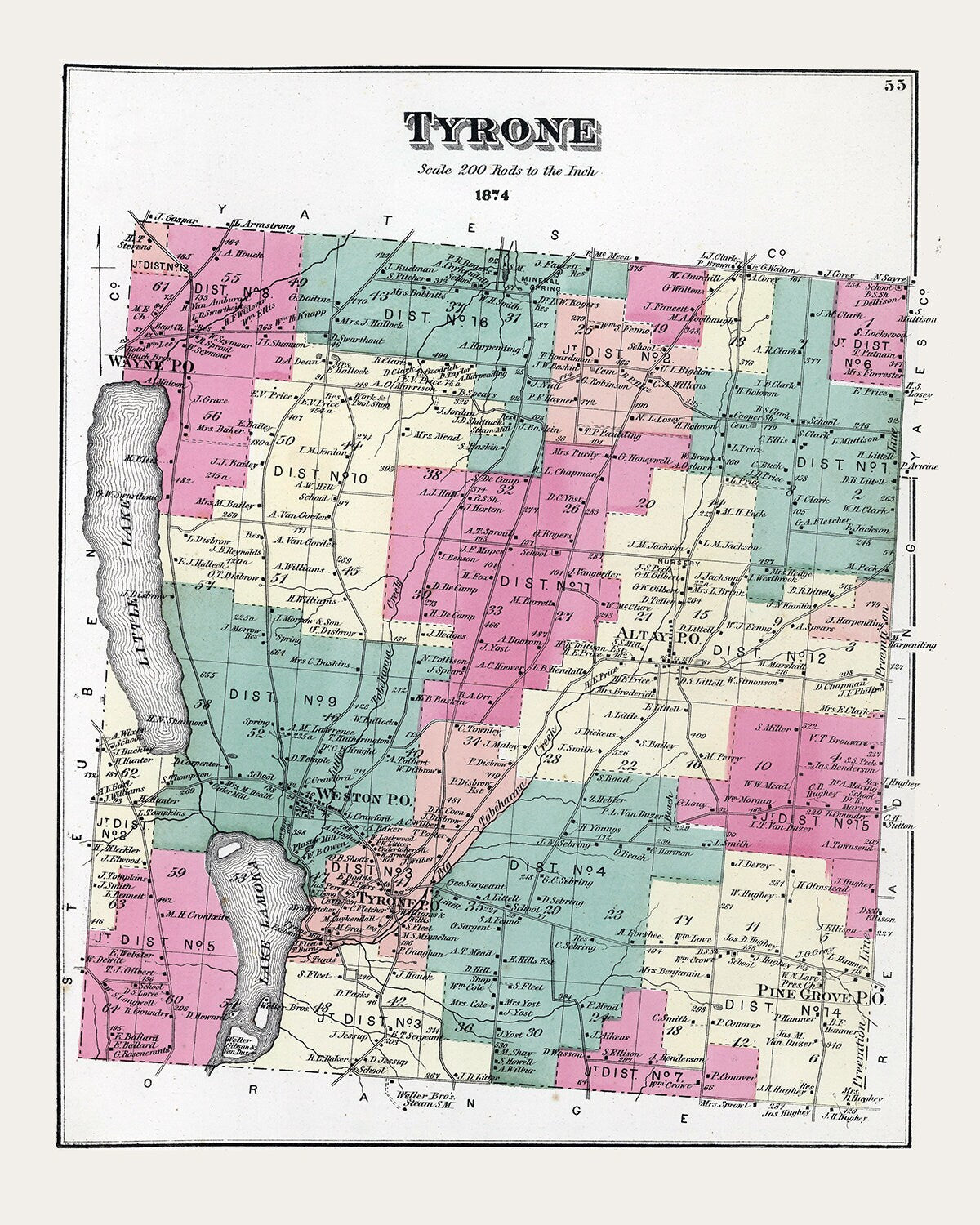 1874 Map of Tyrone Schuyler County New York