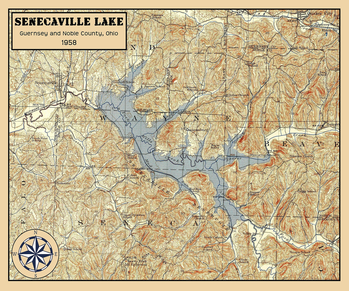 1958 Map of Senecaville Lake Ohio Guernsey and Noble County