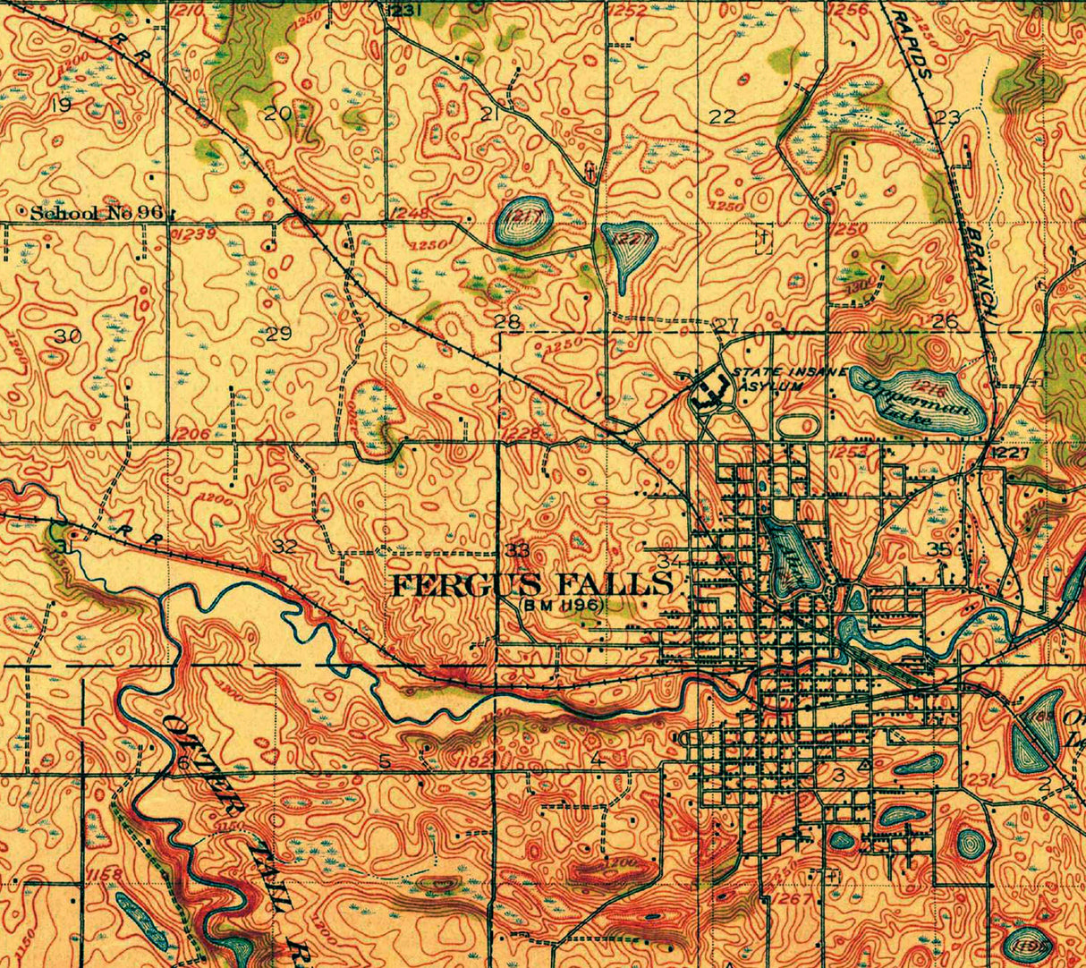 1913 Topo Map of Fergus Falls Minnesota Quadrangle