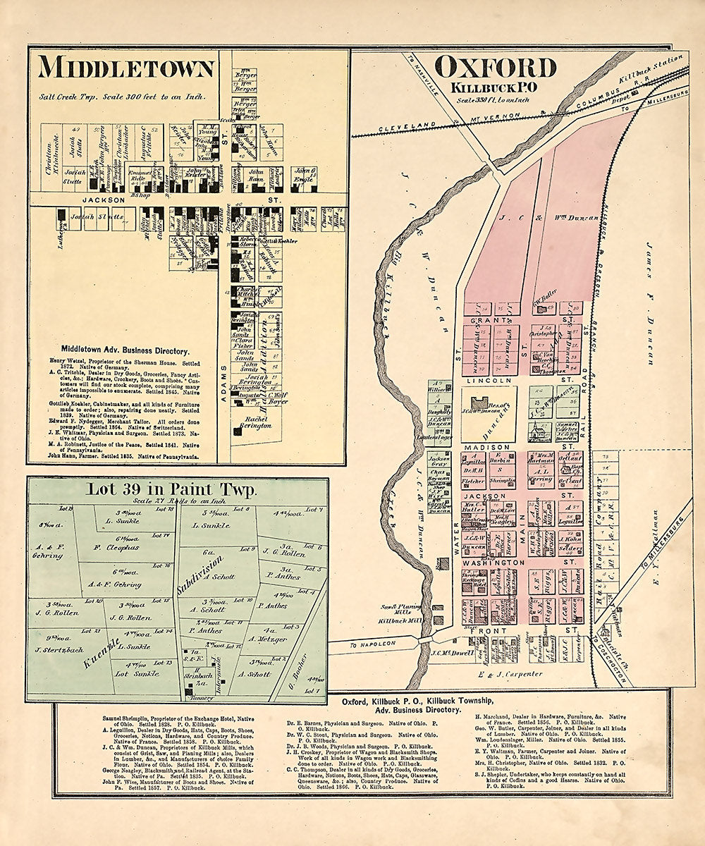 1875 Map of Oxford and Middletown Holmes County Ohio