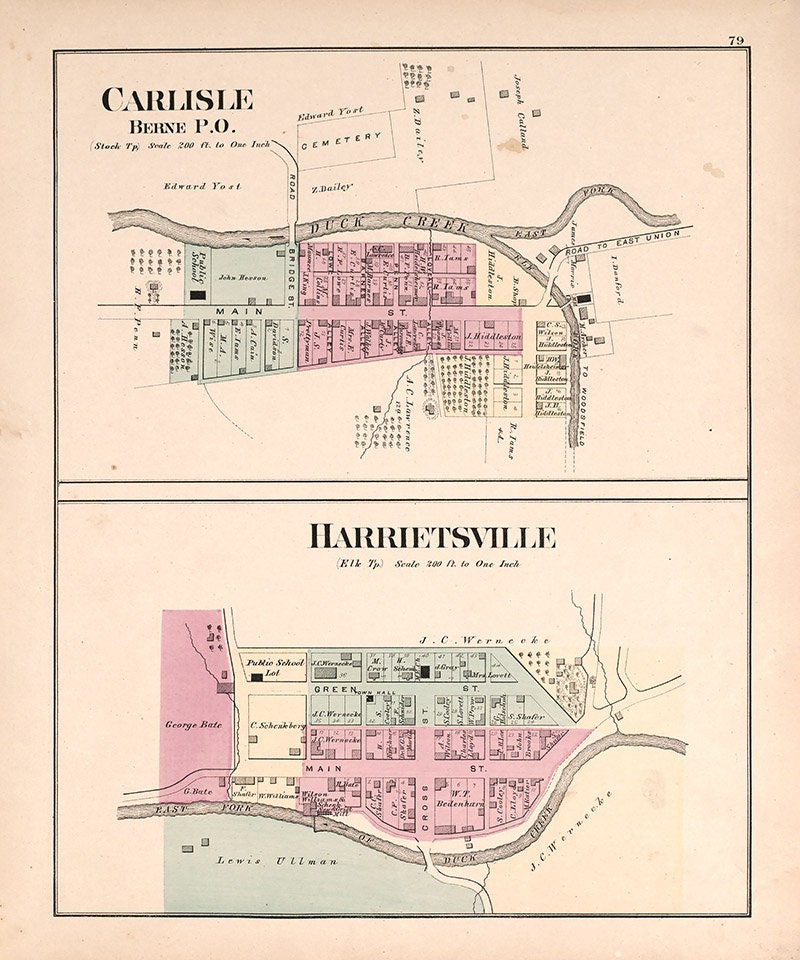 1876 Map of Carlisle and Harrietsville Noble County Ohio