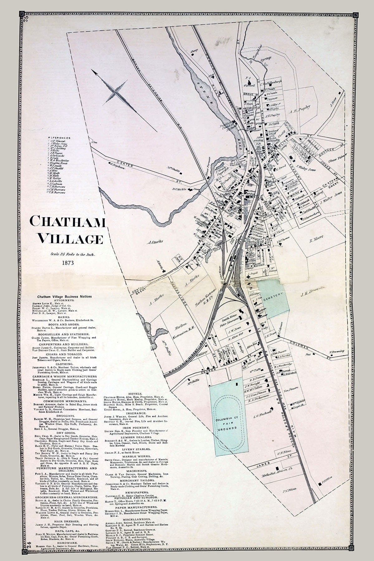 1873 Map of Chatham Village Columbia County New York