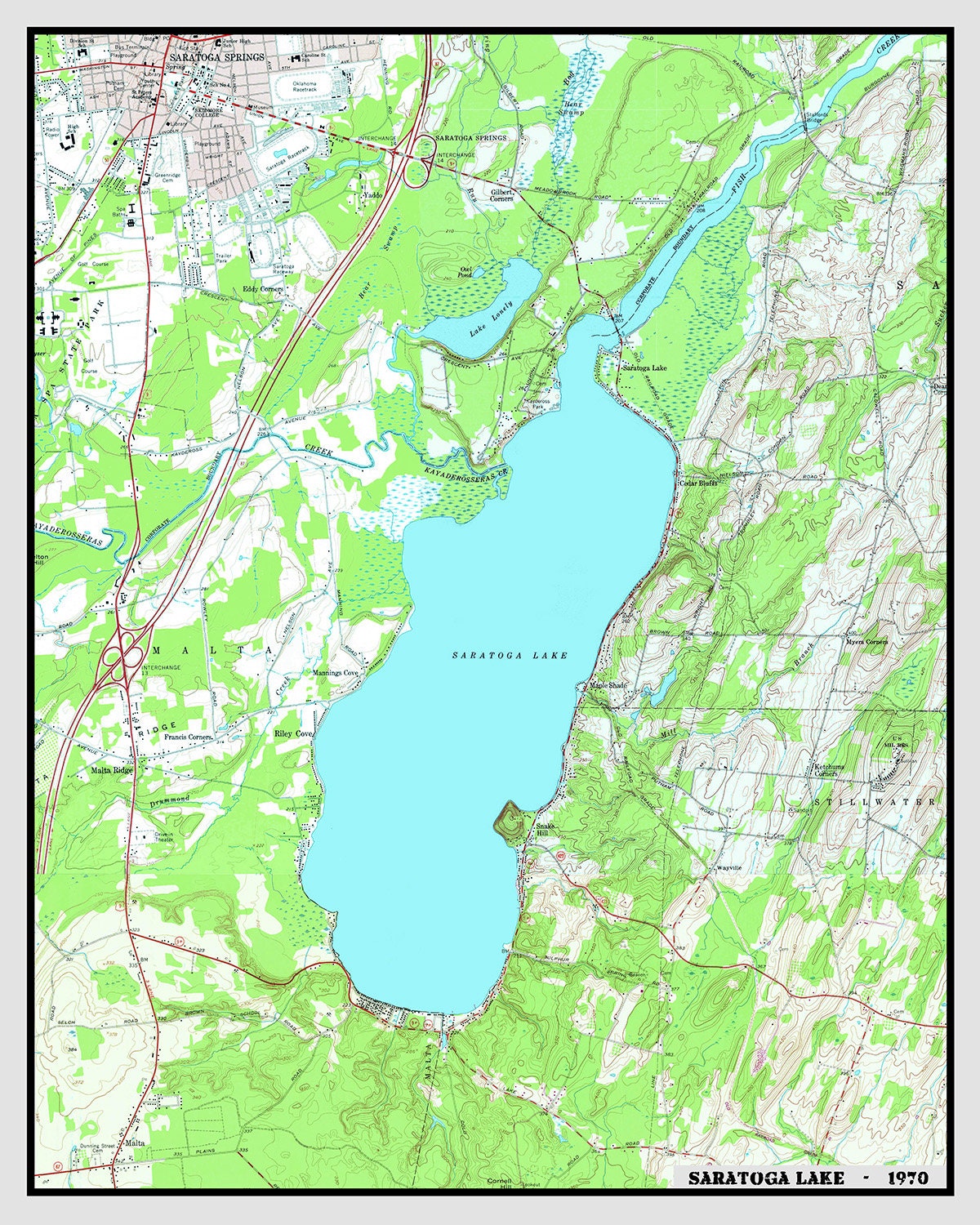 1970 Map of Saratoga Lake New York