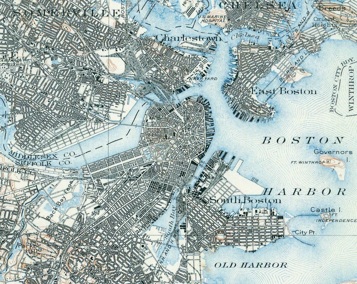 1909 Topo Map of Boston Massachusetts