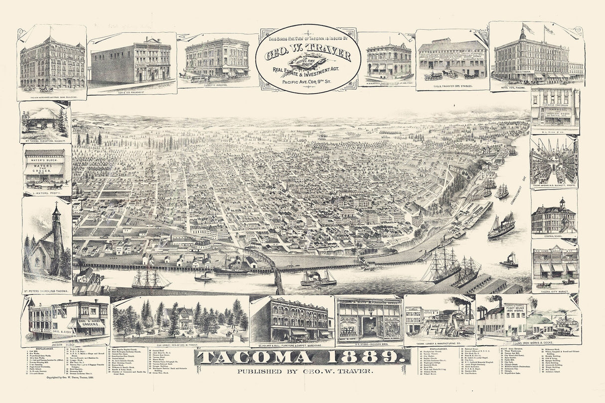 1889 Panoramic Map of Tacoma Washington