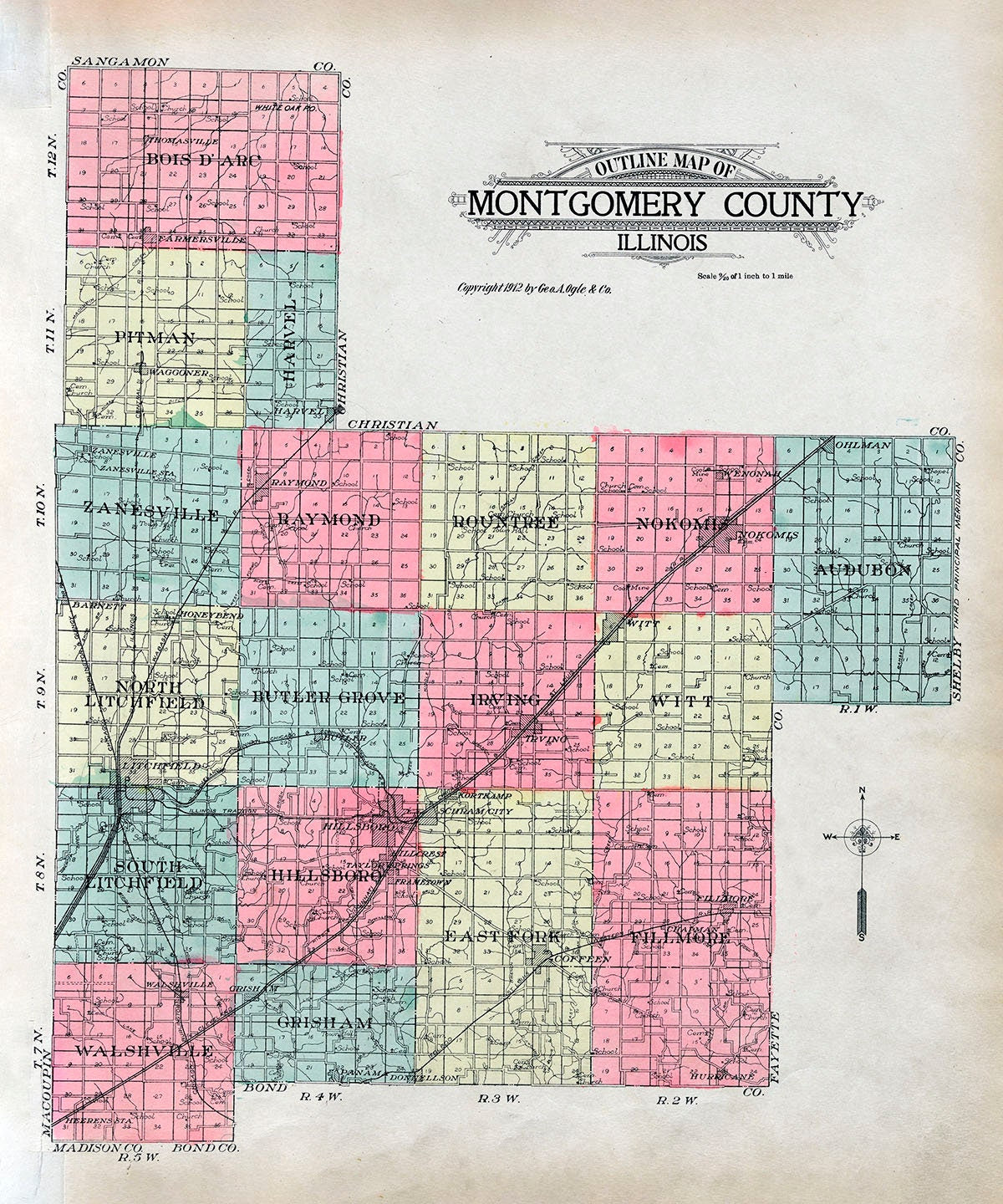 1912 Map of Montgomery County Illinois