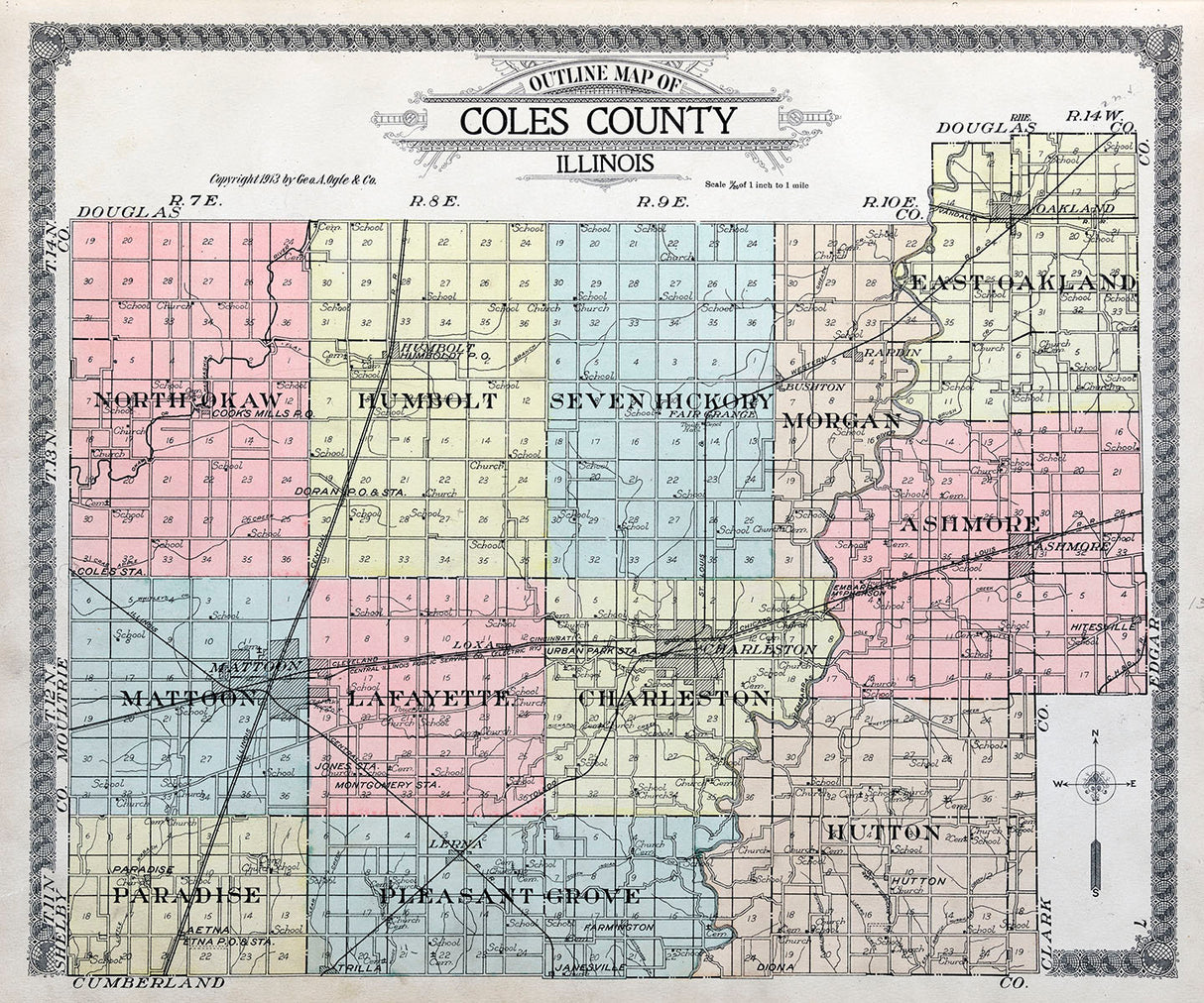 1913 Map of Coles County Illinois