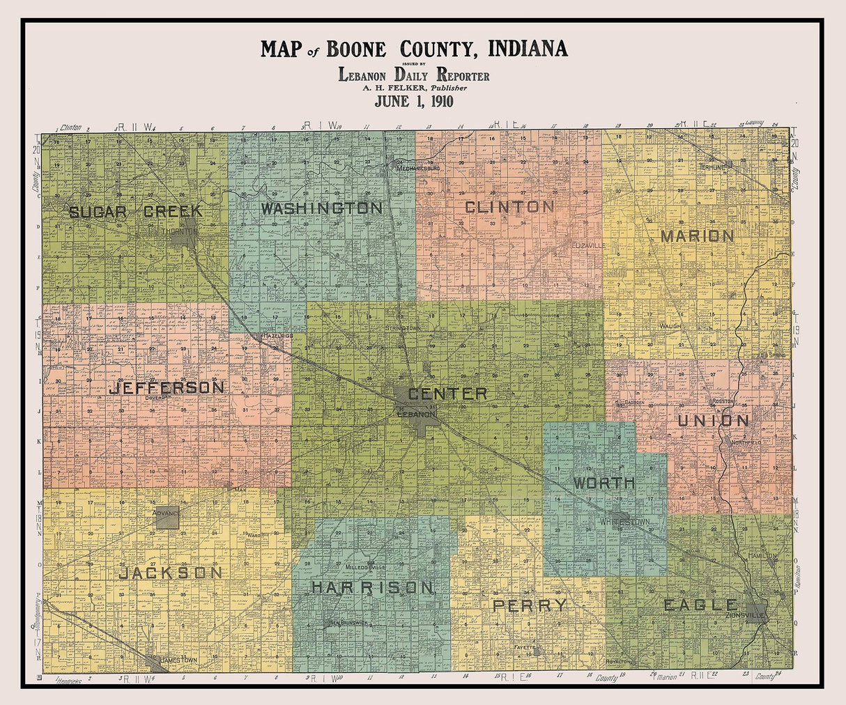 1910 Map of Boone County Indiana