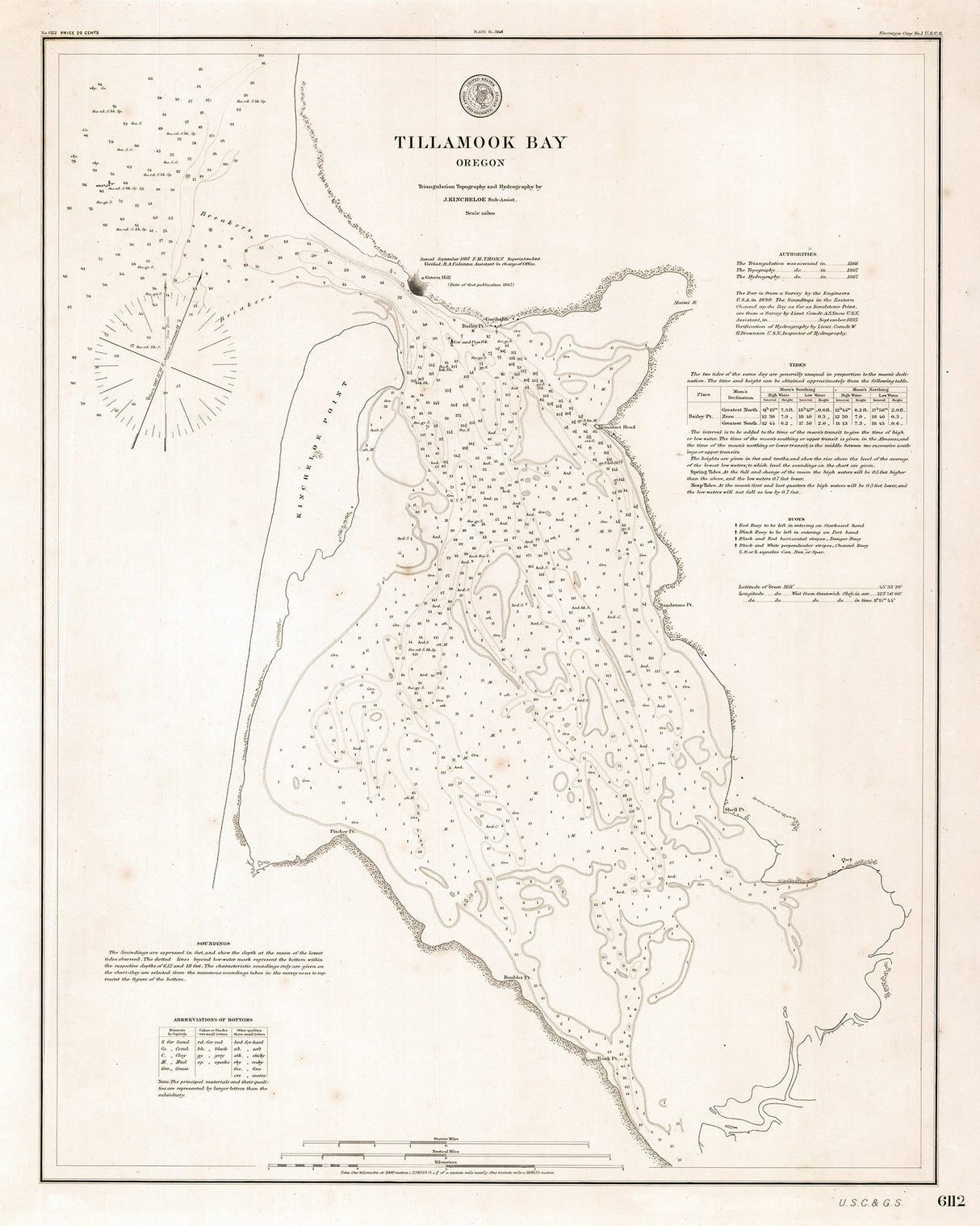 1887 Nautical Chart of Tillamook Bay Oregon