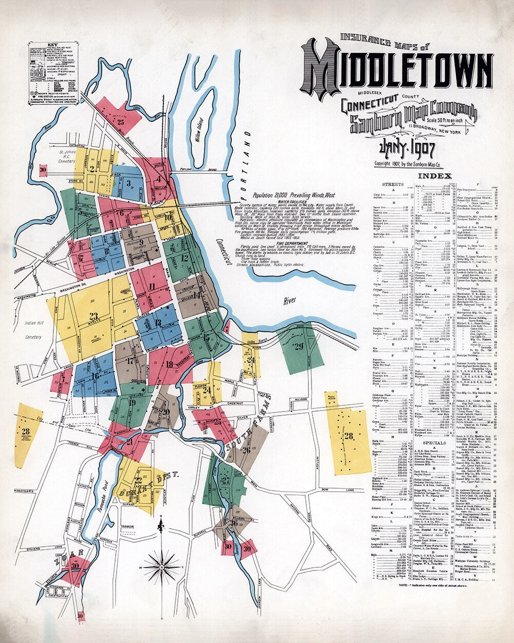 1907 Map of Middletown Middlesex County Connecticut