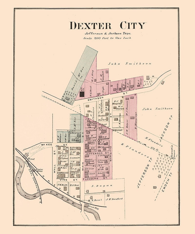 1876 Map of Dexter City Noble County Ohio