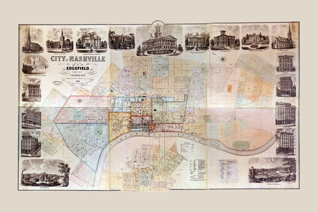 1860 Map of Nashville and Edgefield Tennessee