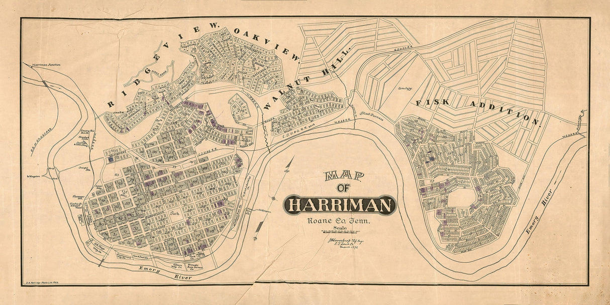 1892 Map of Harriman Roane County Tennessee