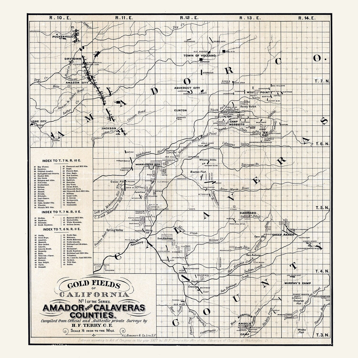 1877 Map of Amador and Calaveras County California Gold Fields