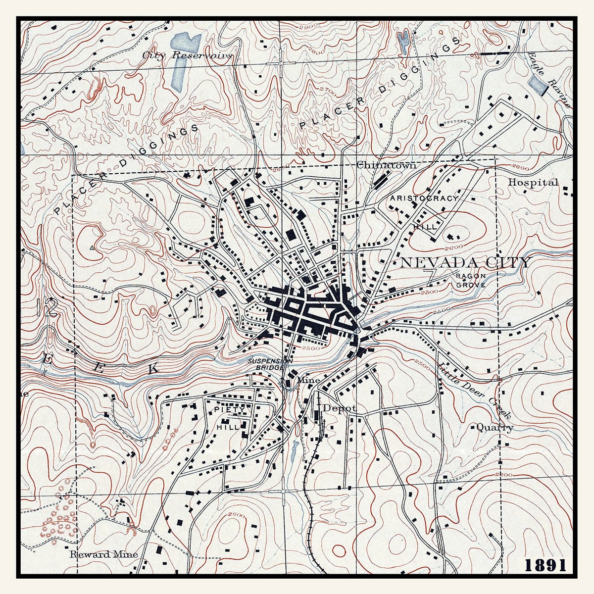 1891 Map of Nevada City Nevada County California
