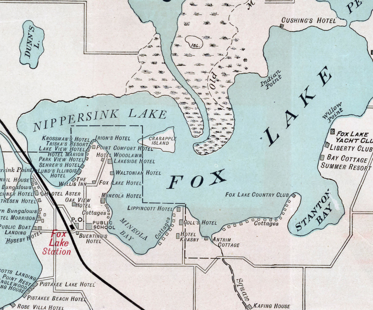1916 Map of The Fox Lake Country Illinois