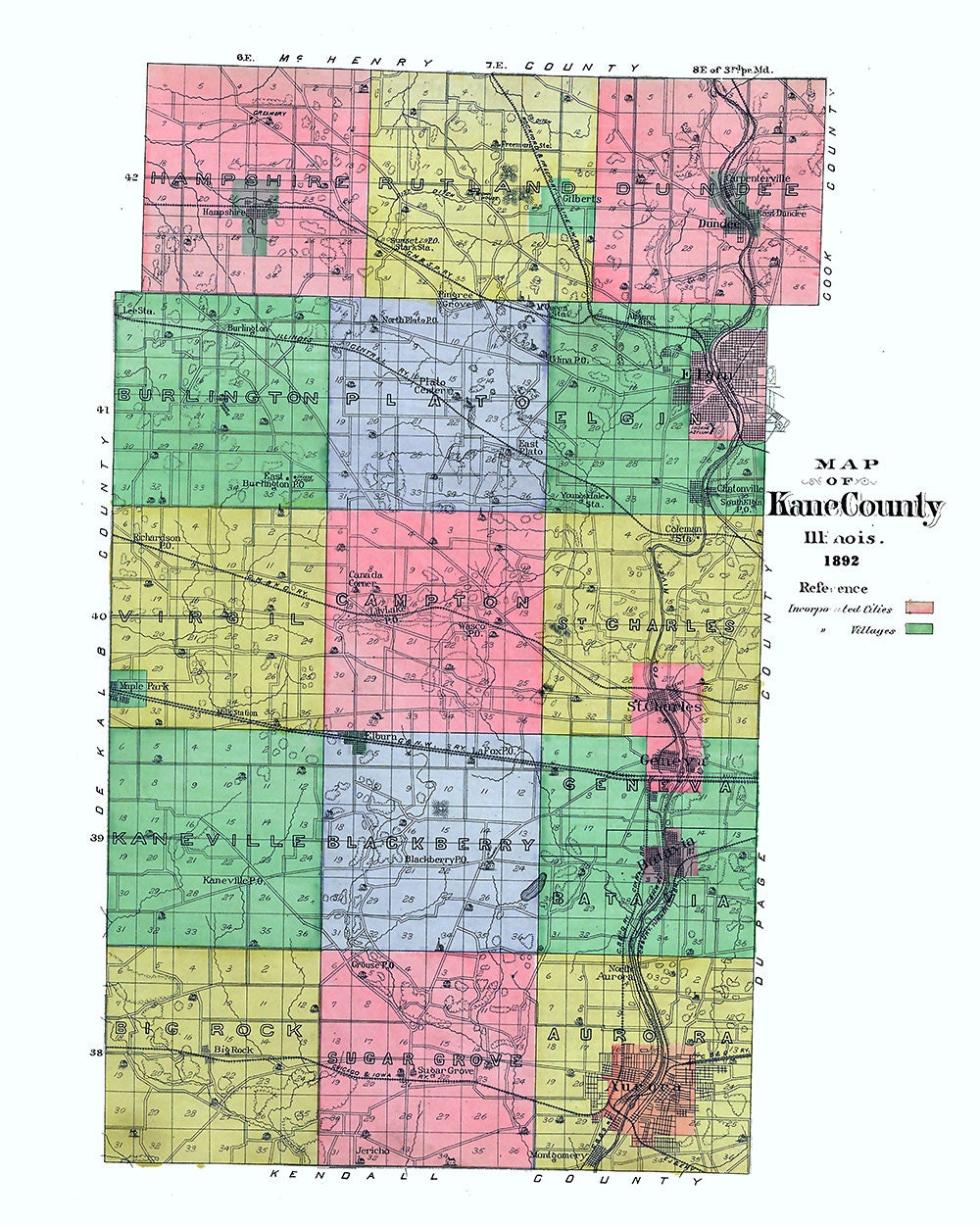 1892 Map of Kane County Illinois