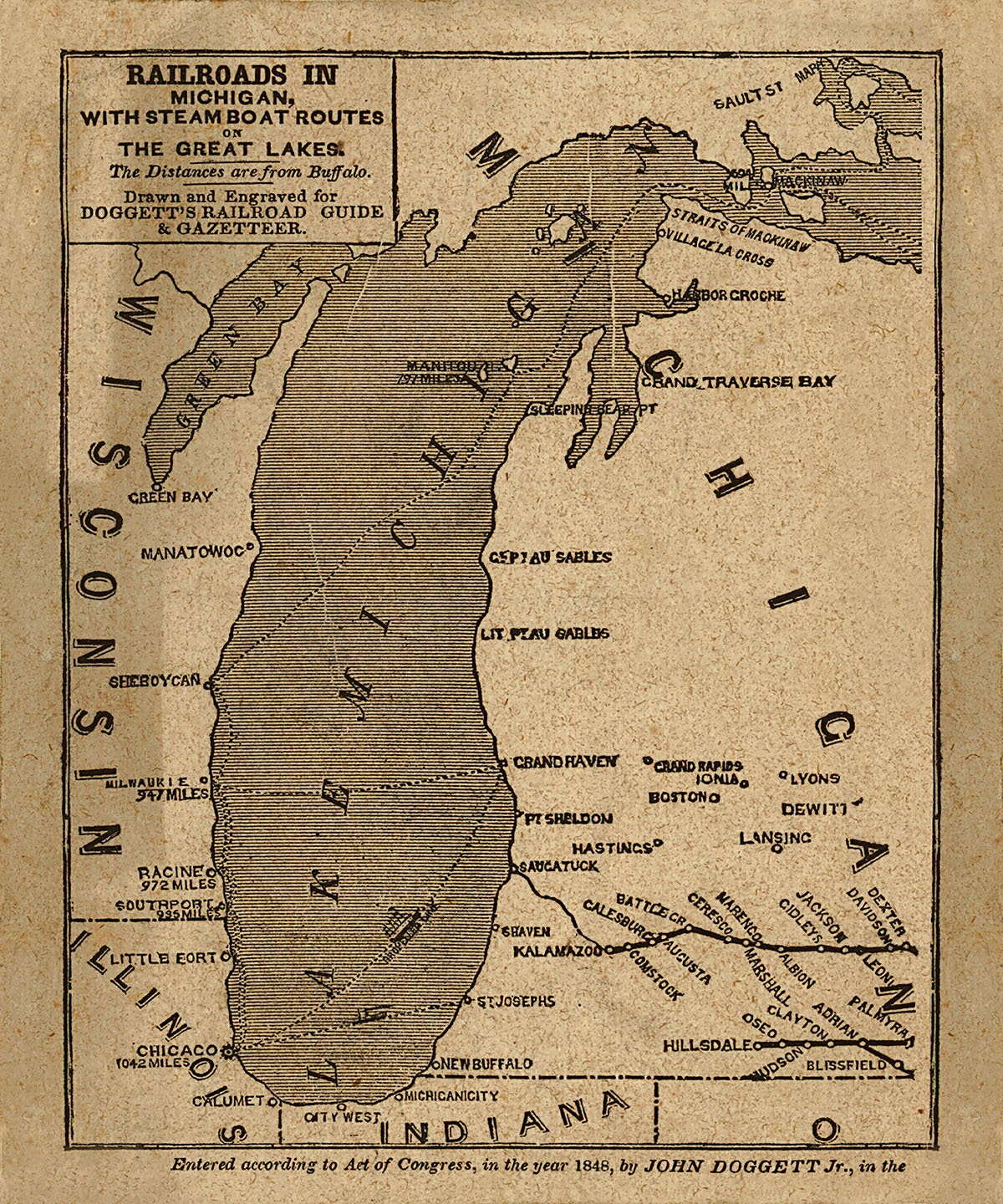 1848 Map of Lake Michigan and Railroads