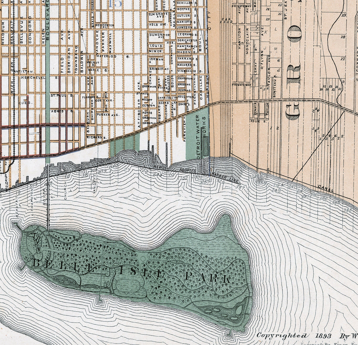 1893 Map of Detroit Wayne County Michigan