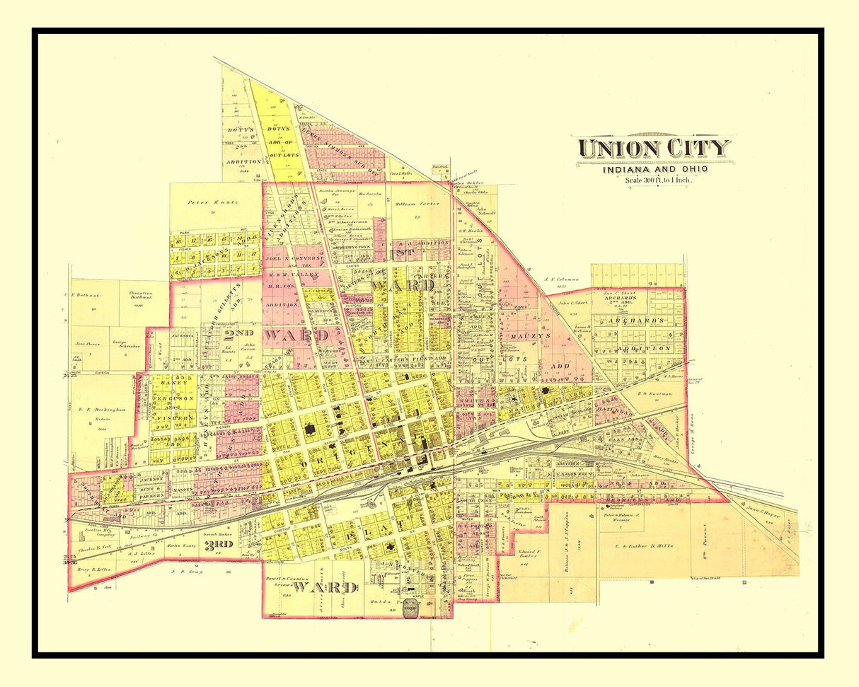 1890 Map of Union City Indiana and Ohio