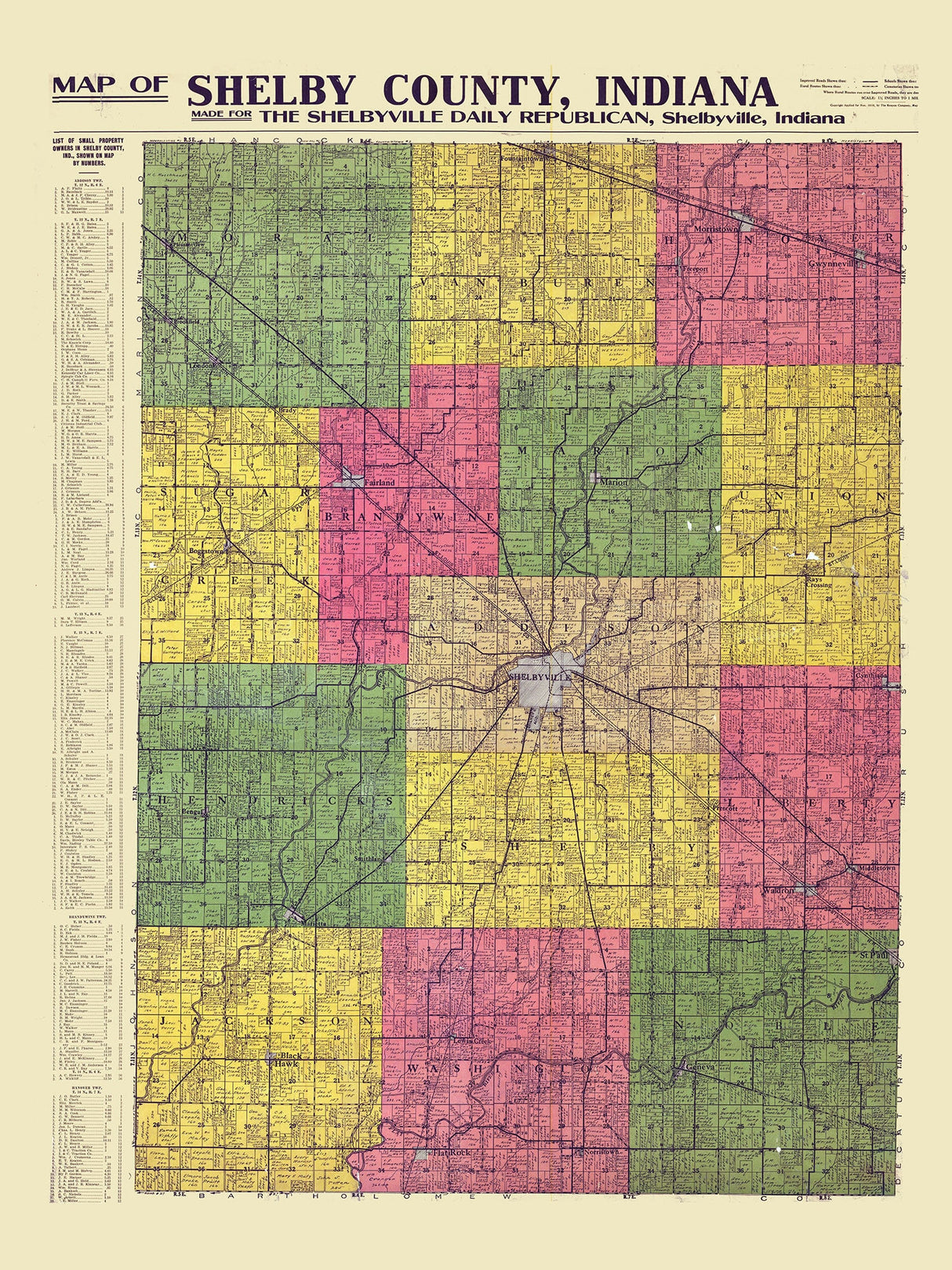 1916 Map of Shelby County Indiana