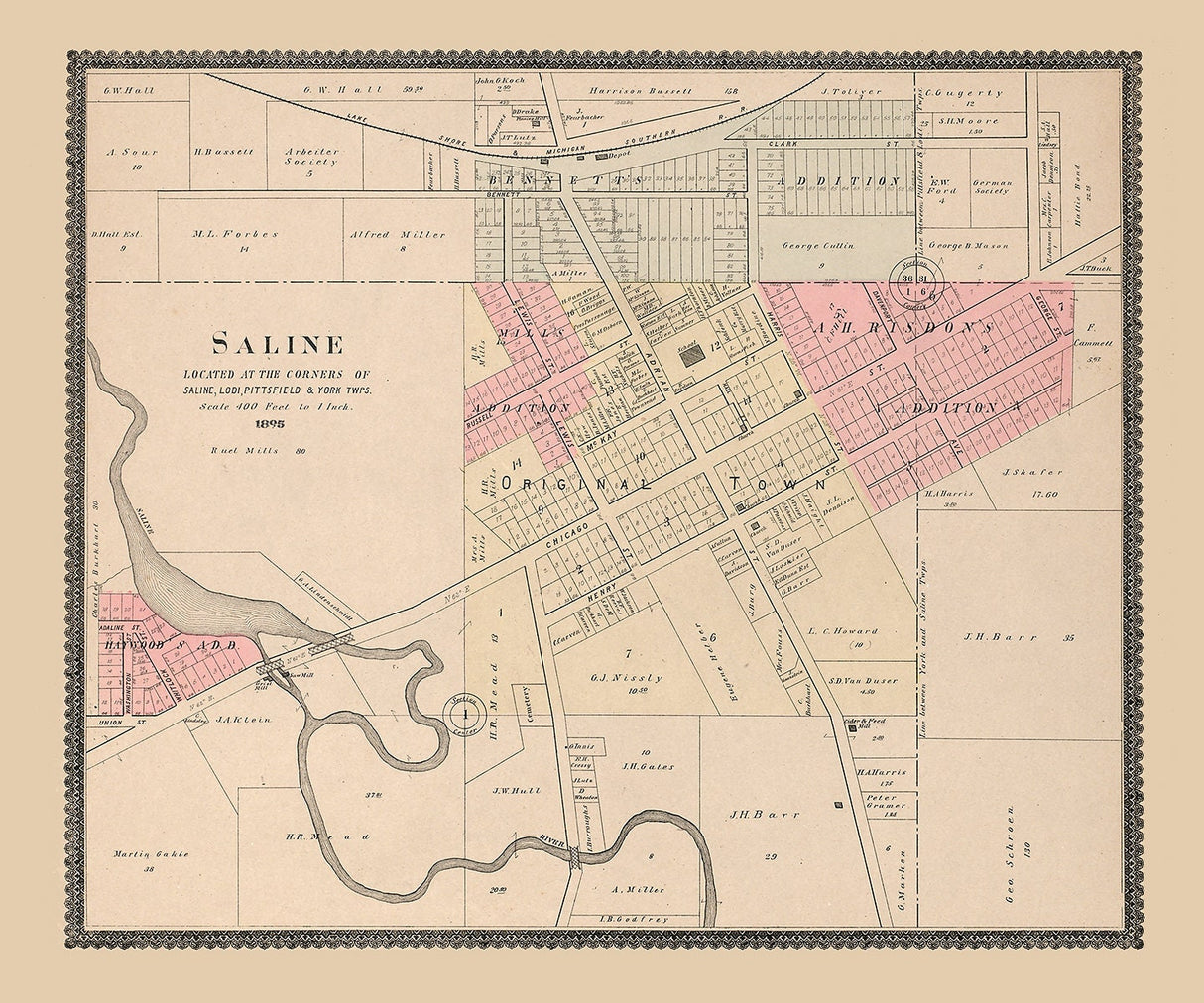 1895 Map of Saline Washtenaw County Michigan