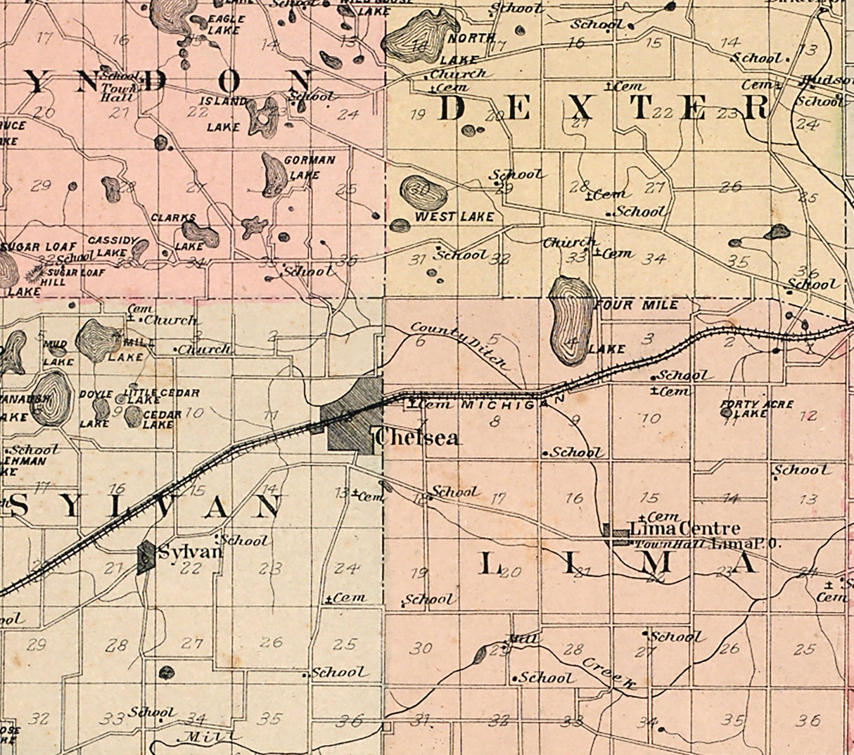 1895 Map of Washtenaw County Michigan