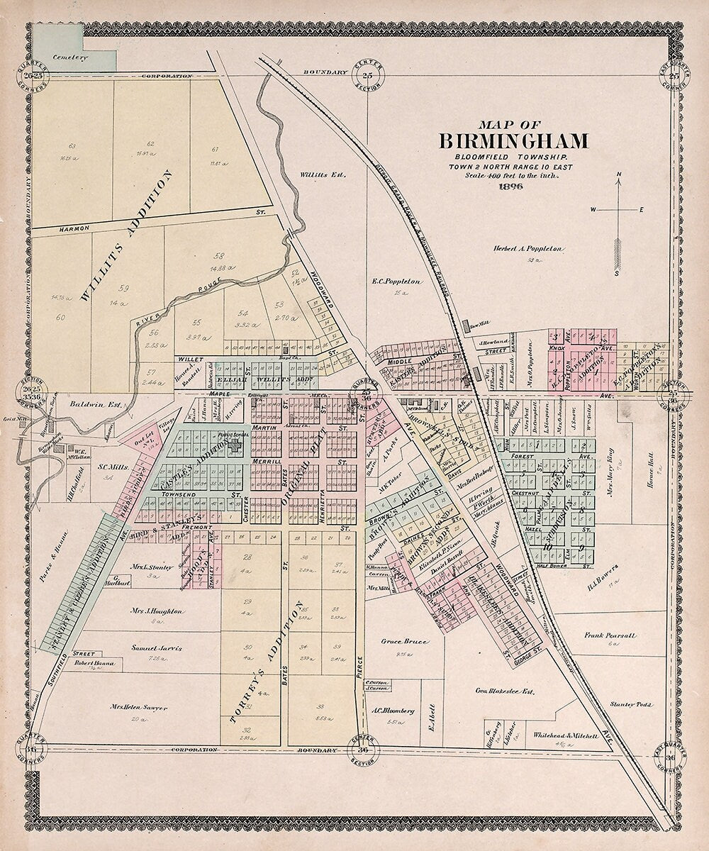 1896 Map of Birmingham Oakland County Michigan