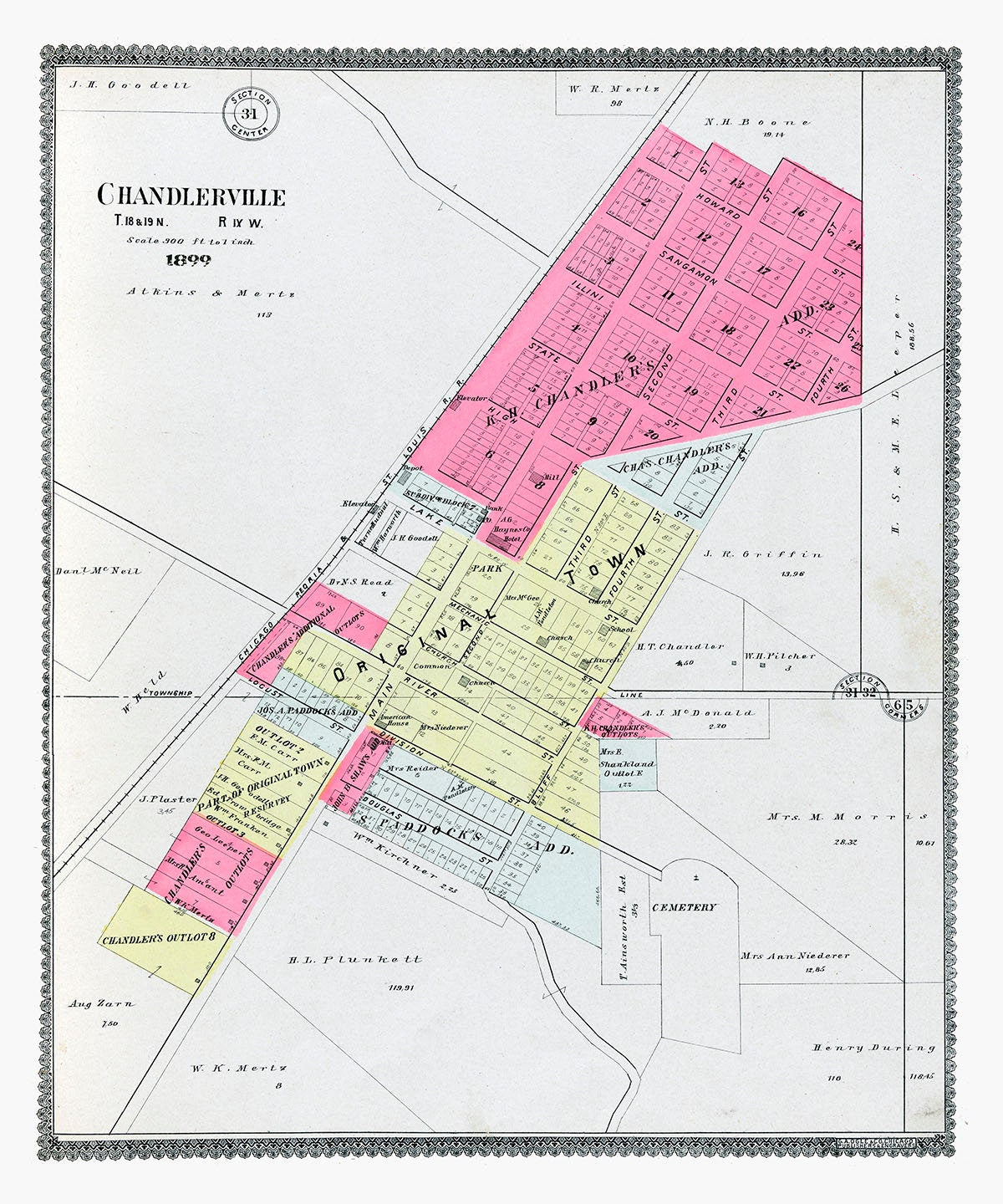 1899 Map of Chandlerville Cass County Illinois