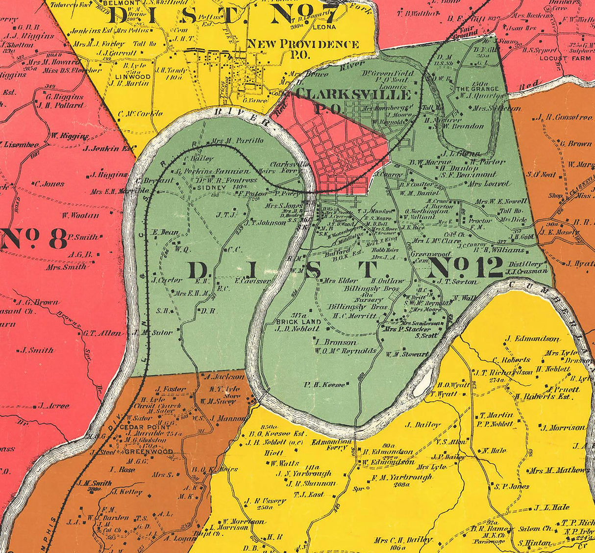 1877 Map of Montgomery County Tennessee Colored