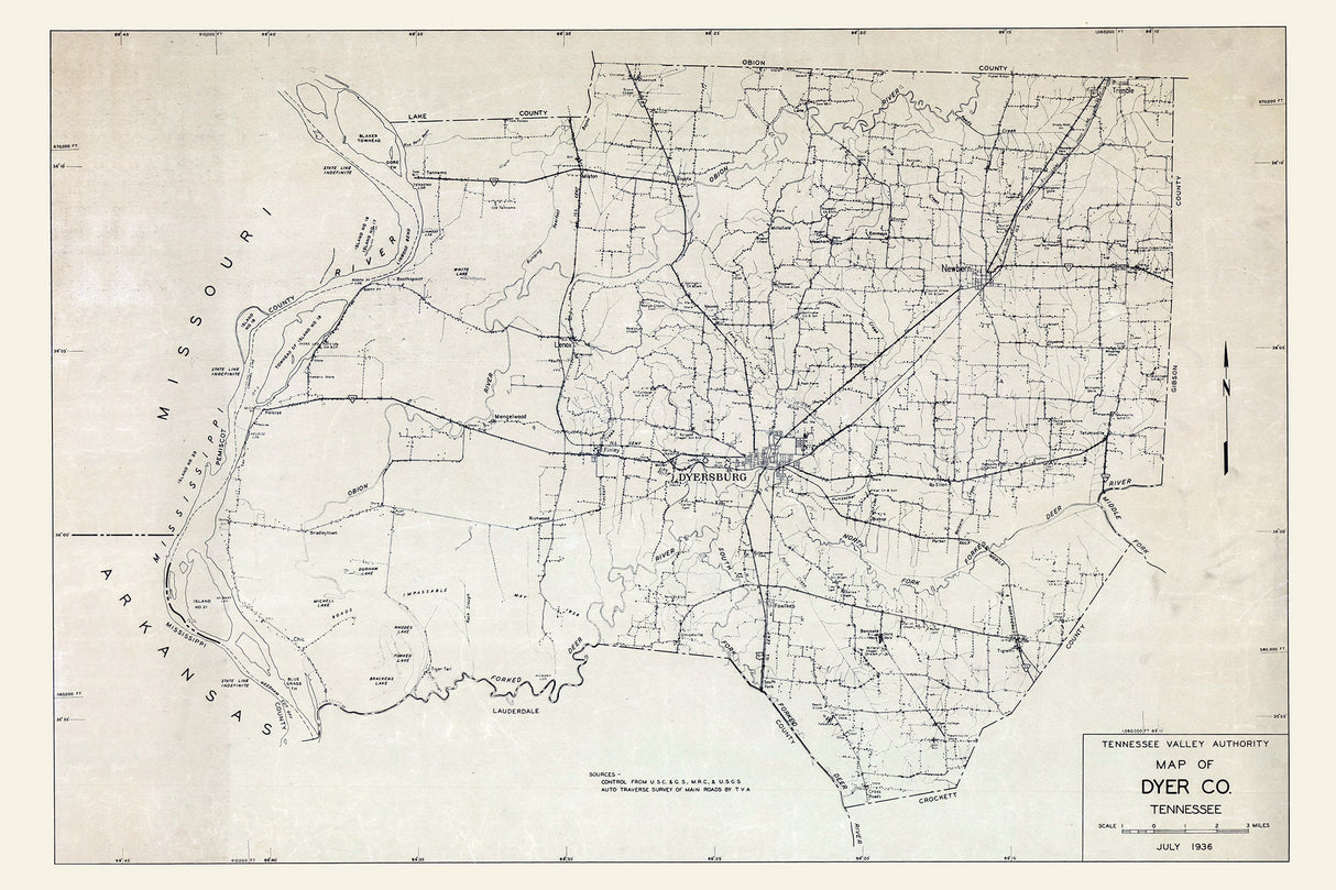 1936 Map of Dyer County Tennessee