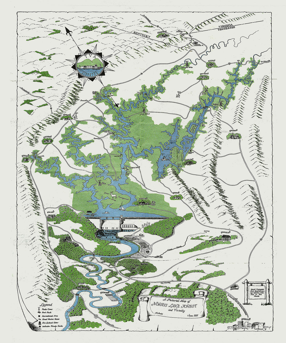 1937 Map of Norris Lake Tennessee