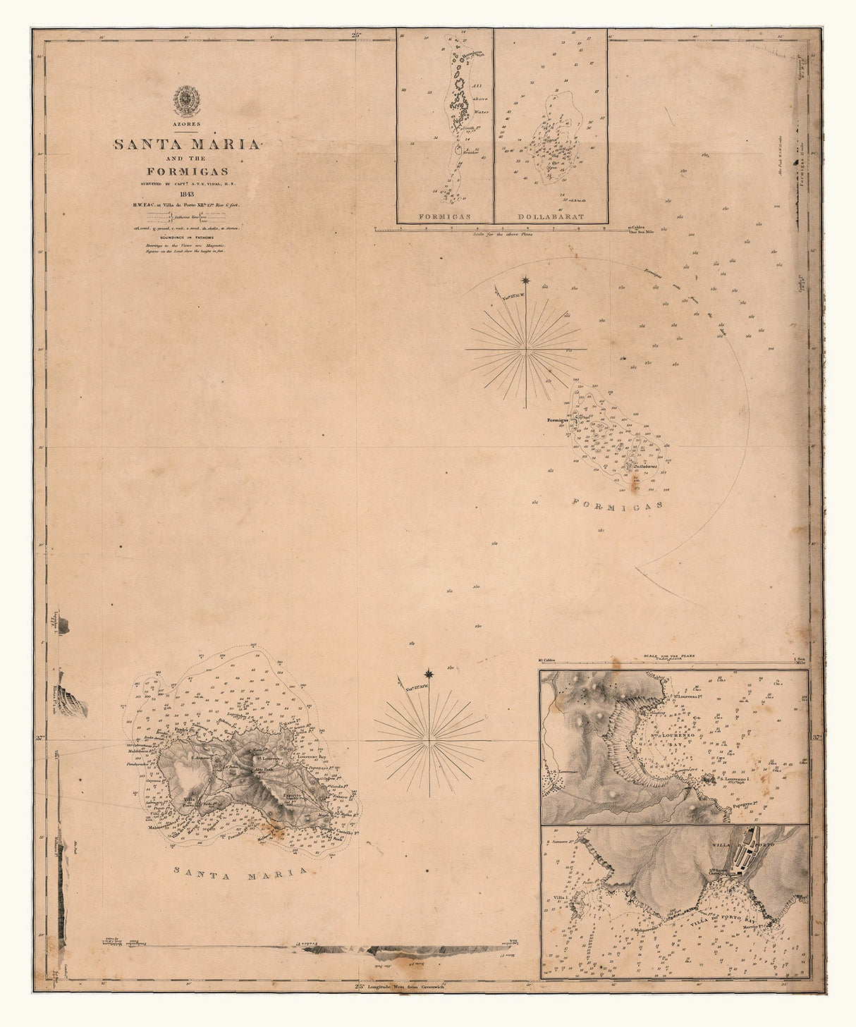 1843 Map of The Azores Santa Maria and Formigas Islands