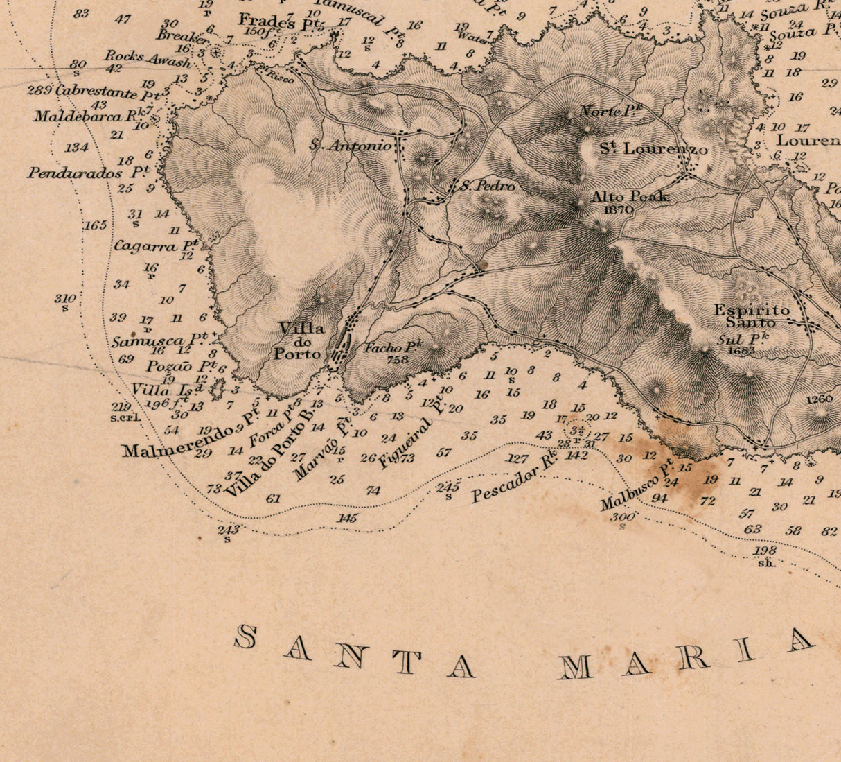 1843 Map of The Azores Santa Maria and Formigas Islands