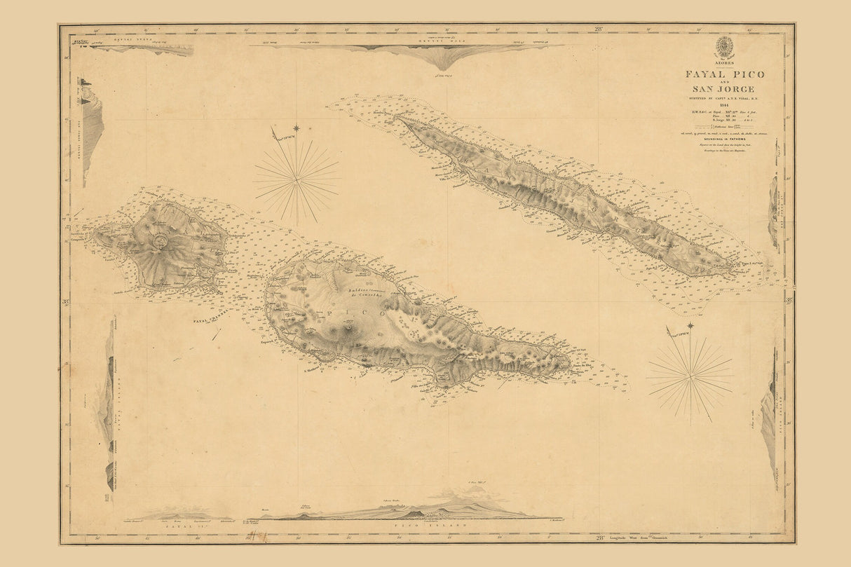 1844 Map of the Azores Fayal Pico and San Jorge Islands