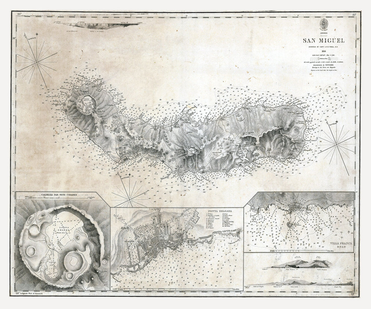 1844 Map of The Azores San Miguel Island