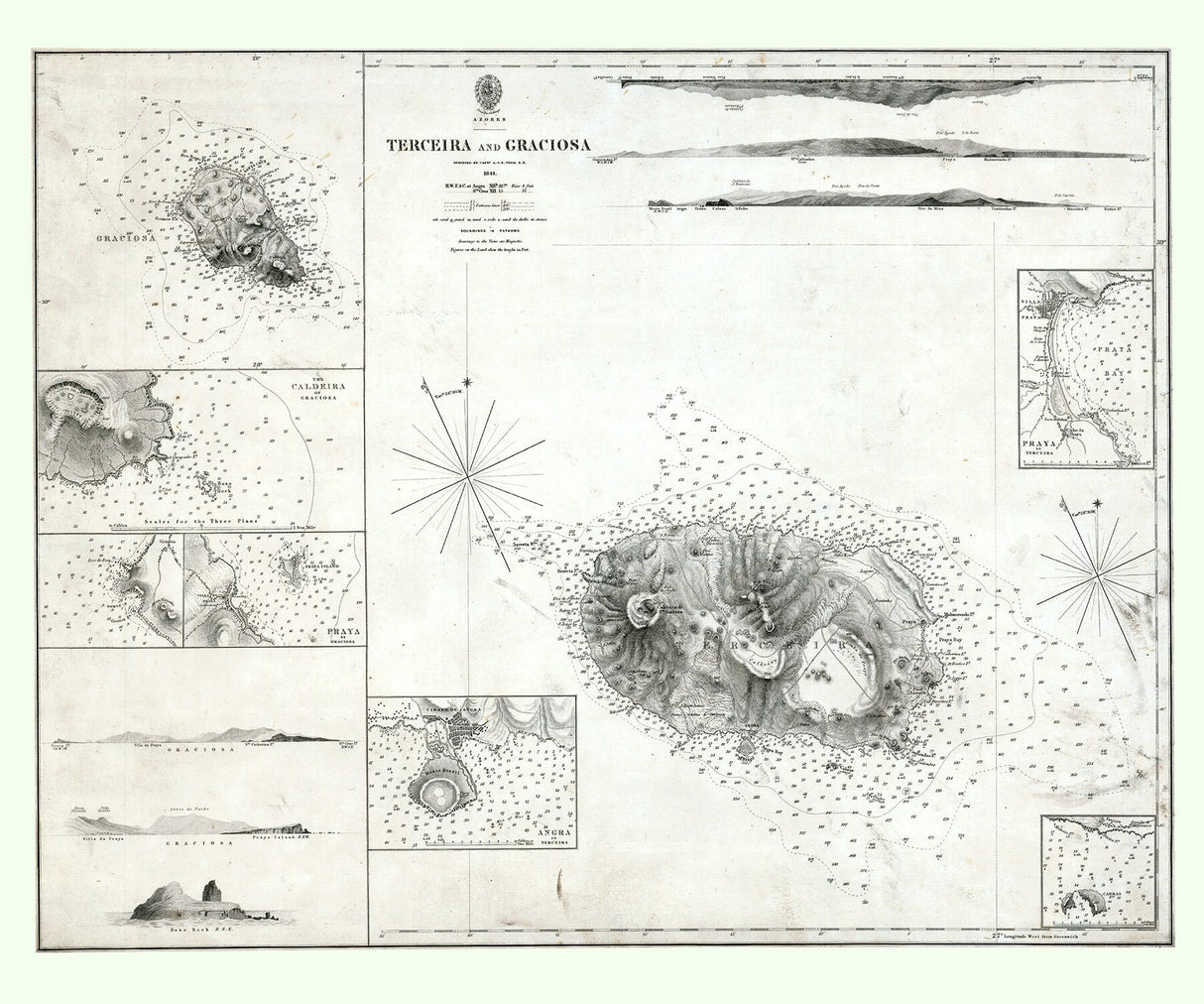 1844 Map of The Azores Terceira and Graciosa Islands