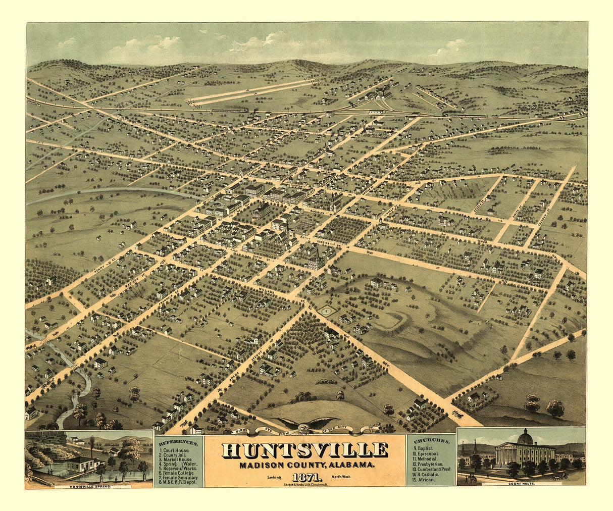 1871 Panoramic Map of Huntsville Madison County Alabama