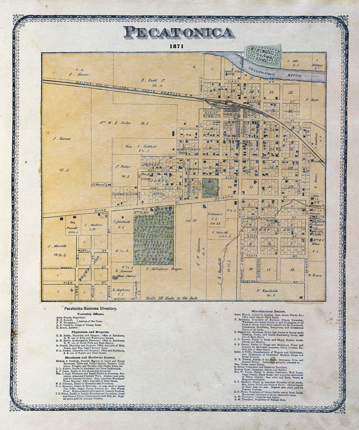 1871 Map of Pecatonica Winnebago County Illinois