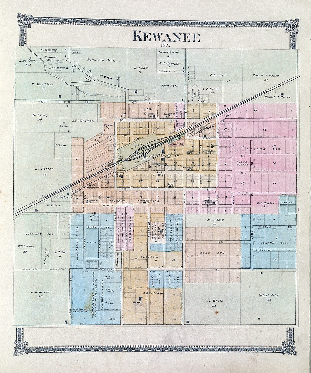1875 Map of Kewanee Henry County Illinois