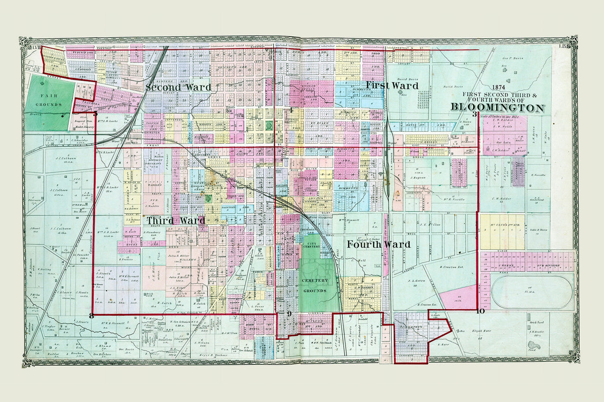 1874 Map of Bloomington McLean County Illinois