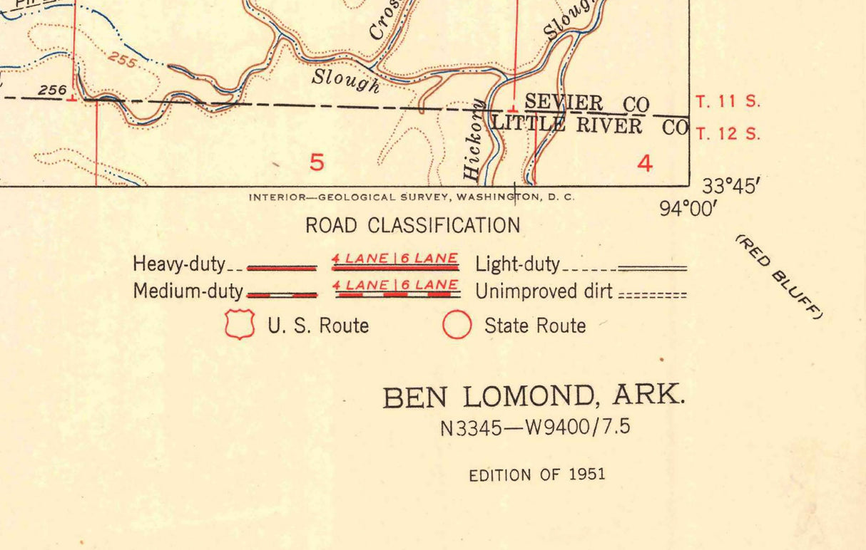 1951 Topo Map of Ben Lomond Arkansas Paraloma Brownstown