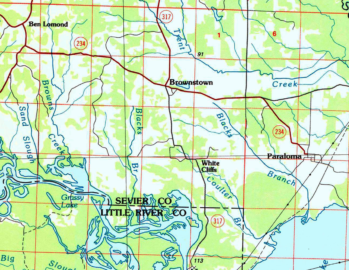 1986 Map of Millwood Lake Arkansas Ben Lomond Paraloma Brownstown