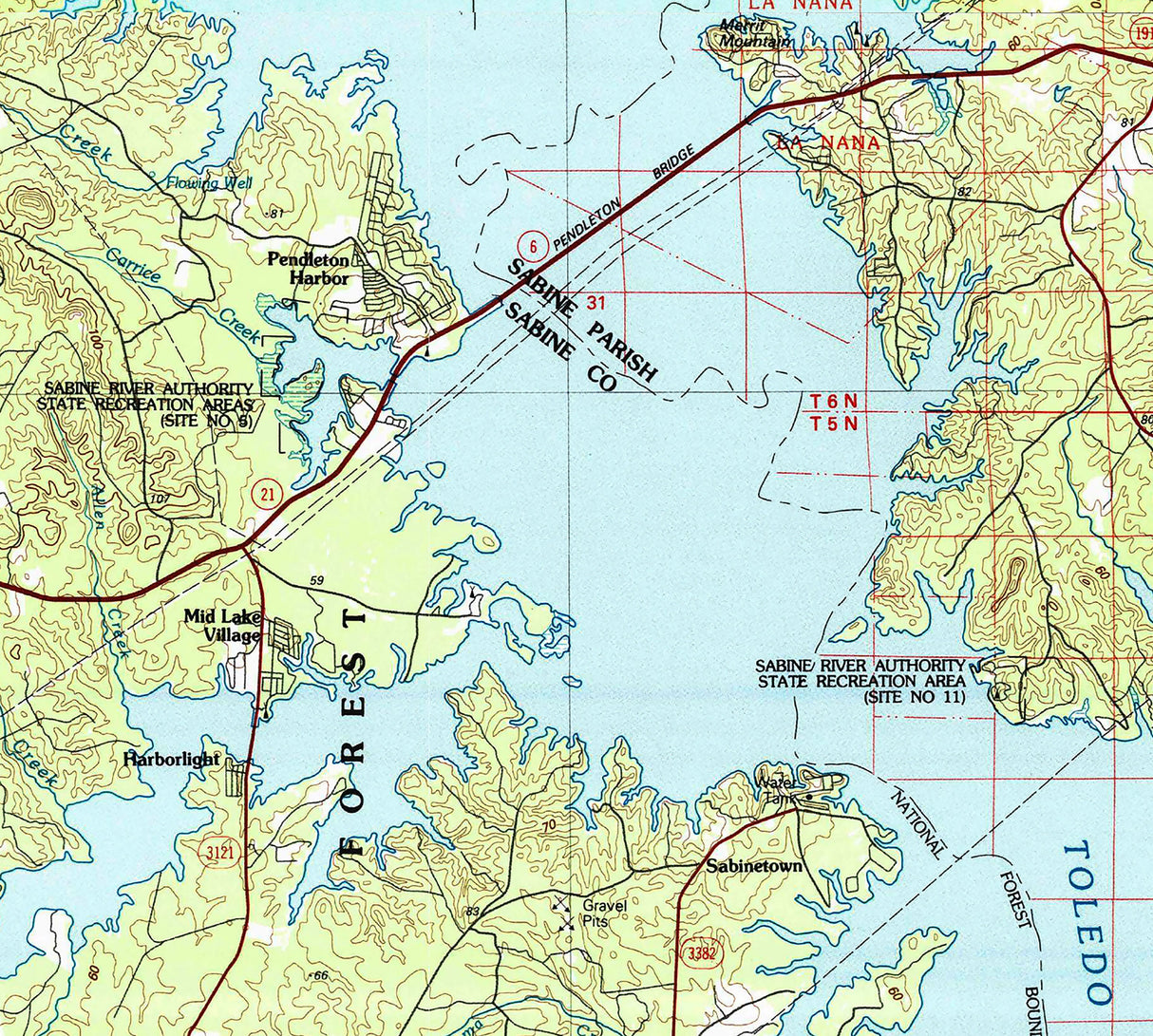 1986 Map of Toledo Bend Reservoir Texas and Louisiana