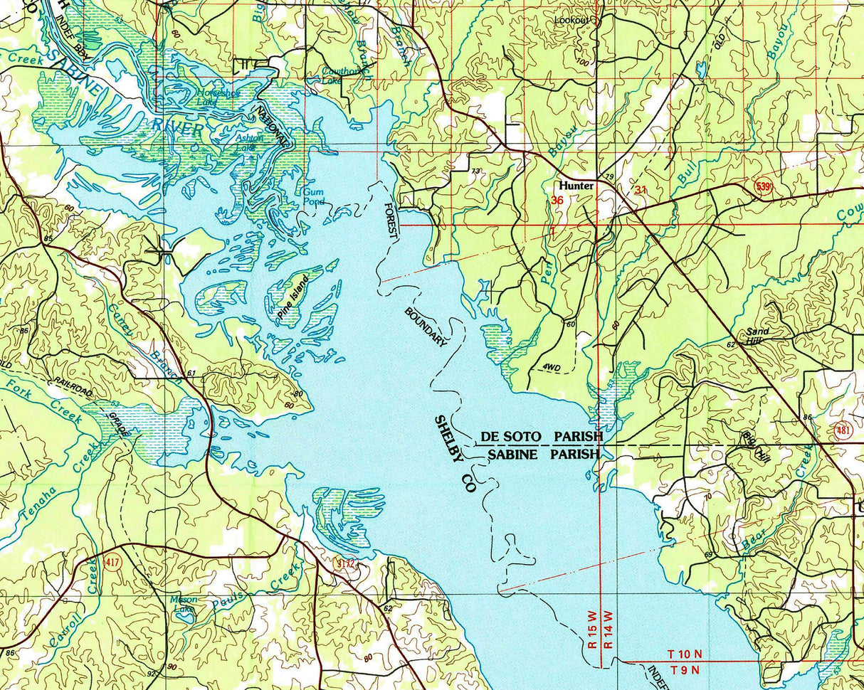 1986 Map of Toledo Bend Reservoir Texas and Louisiana